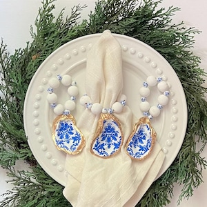Oyster Shell Napkin Rings, Blue and White Chinoiserie Napkin Holders, Coastal Theme Gift, Beachy Housewarming Gift, Nautical Home Decor
