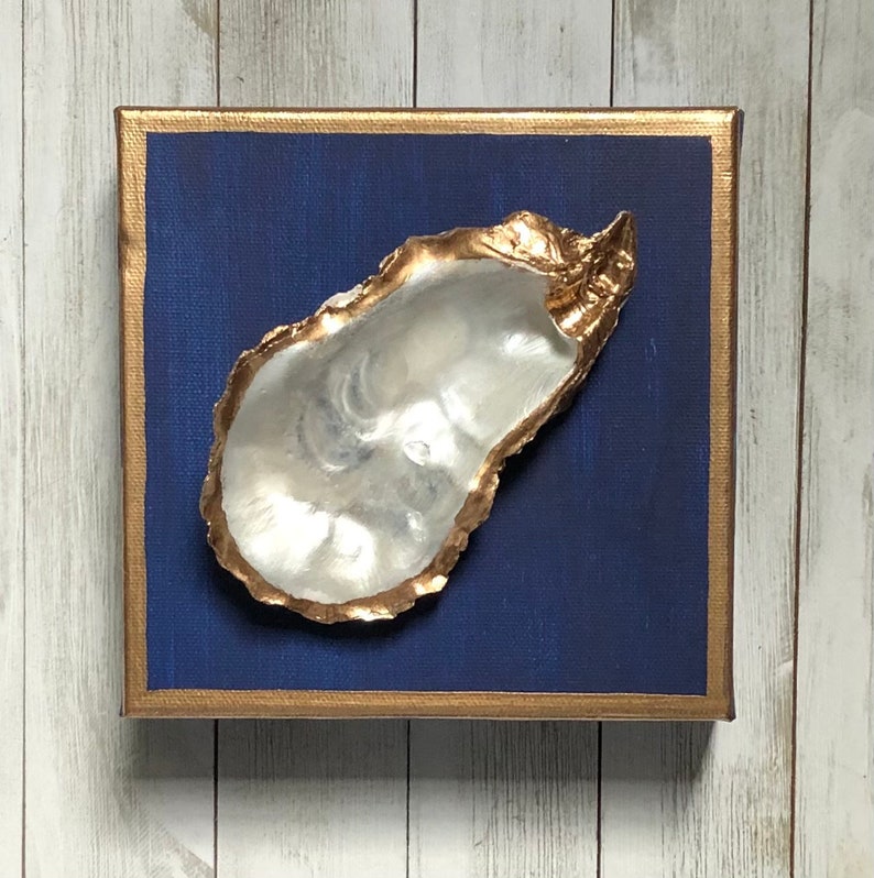 Hand Painted Oyster Shell Canvas 6x6, Navy Blue Coastal Wall Art with Gold Trim, Beach House Nautical Artwork, Coastal Beach Decor image 7