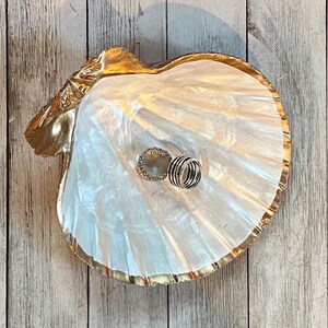 Scallop Shell Ring Dish: Pearl White with Gold Trim, Coastal Decor