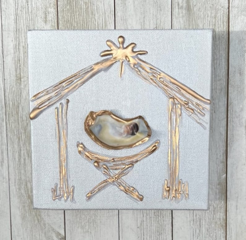 Nativity Wall Art With Shell Gold Nativity Artwork on Canvas Etsy