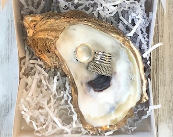 Oyster Shell Ring Dish with Gold Trim, Coastal Jewelry Dish, Handmade Trinket Bowl