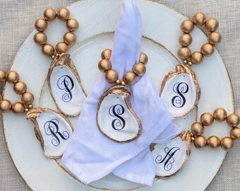 Monogram Oyster Shell Napkin Rings, Personalized Napkin Holders with Gold Beads