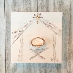 Hand Painted Nativity Art on Canvas: Oyster Shell Manger