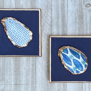 Oyster Shell on Navy Canvas Wall Art, Coastal Wall Art with Oysters, Beach Themed Gifts, Nautical Decor