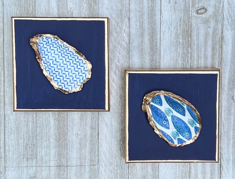 Hand Painted Oyster Shell Canvas 6x6, Navy Blue Coastal Wall Art with Gold Trim, Beach House Nautical Artwork, Coastal Beach Decor image 3