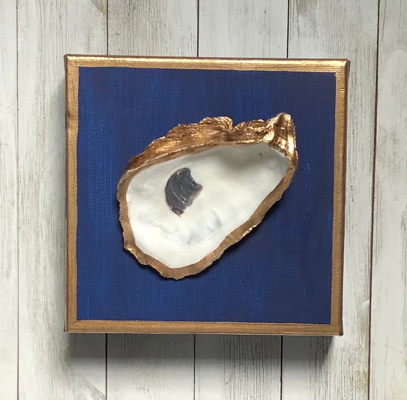 Hand Painted Oyster Shell Canvas 6x6, Navy Blue Coastal Wall Art with Gold Trim, Beach House Nautical Artwork, Coastal Beach Decor image 5