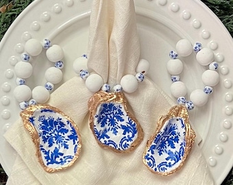 Handmade Oyster Shell Chinoiserie Napkin Rings, Blue and White Coastal Table Setting Decor, Coastal Entertaining