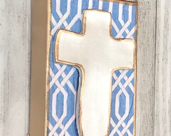 Pearl Cross with Gold Trim on Blue and White Geometric Canvas, Small Religious Gift
