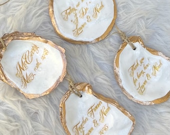 Personalized Wedding Ornaments, Customized Wedding Mementos, Beach Wedding Favors, Oyster Shell Ornaments, Coastal Ornaments