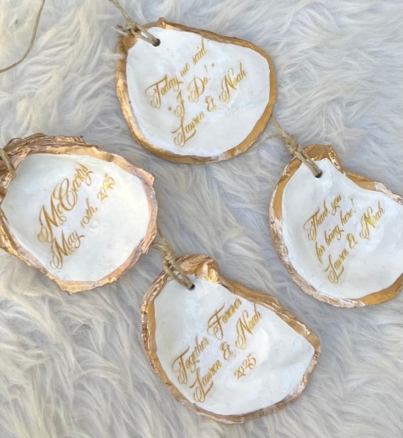 Personalized Wedding Ornaments, Customized Wedding Mementos, Beach Wedding Favors, Oyster Shell Ornaments, Coastal Ornaments