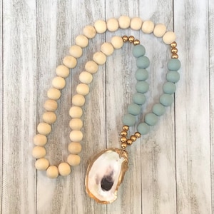 Oyster Shell Blessing Beads, Wood Bead Necklace with Shell, Coastal Jewelry, Coastal Decorative Beads, Beach Themed Gift