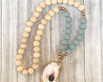 Beaded Oyster Shell Necklace with Natural & Sage Beads, Coastal Statement Necklace, Beach Inspired Jewelry