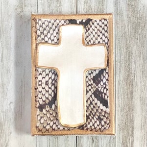Handmade Pearl Cross Canvas Art: Animal Print Decoupage (4x6&quot;)