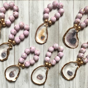 Oyster Shell Napkin Rings with Pink Beads, Pink Napkin Holders with Shells, Beach Themed Table Decor, Coastal Dining Decor