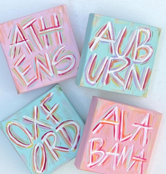 Custom College Town Canvas Sign, 6x6 Hand Painted Canvas, Personalized Dorm Decor, University Name Wall Art, Sorority Big Little Gift