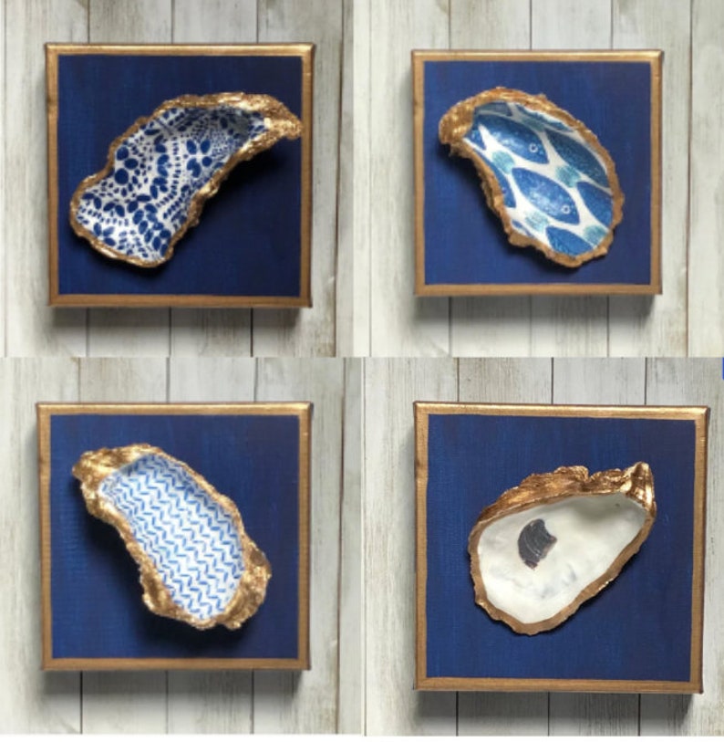 Hand Painted Oyster Shell Canvas 6x6, Navy Blue Coastal Wall Art with Gold Trim, Beach House Nautical Artwork, Coastal Beach Decor image 1