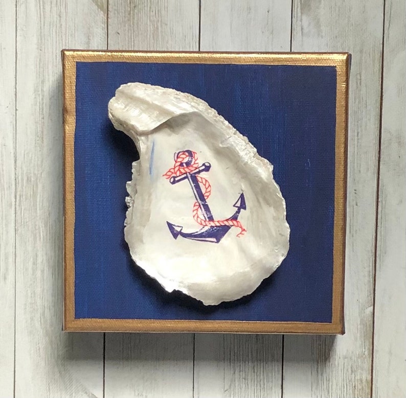 Hand Painted Oyster Shell Canvas 6x6, Navy Blue Coastal Wall Art with Gold Trim, Beach House Nautical Artwork, Coastal Beach Decor image 8
