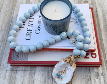 Hand Painted Blue Beaded Garland Decor with Oyster Shell Easter Bunny Pendant, Coastal Spring Decor