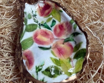 Hand Painted Oyster Shell Ring Dish with Peach Design, Georgia Peach Trinket Dish, Southern Coastal Decor, Peach Lover Gift