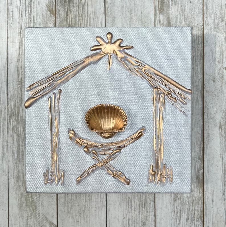 Nativity Wall Art With Shell Gold Nativity Artwork on Canvas Etsy