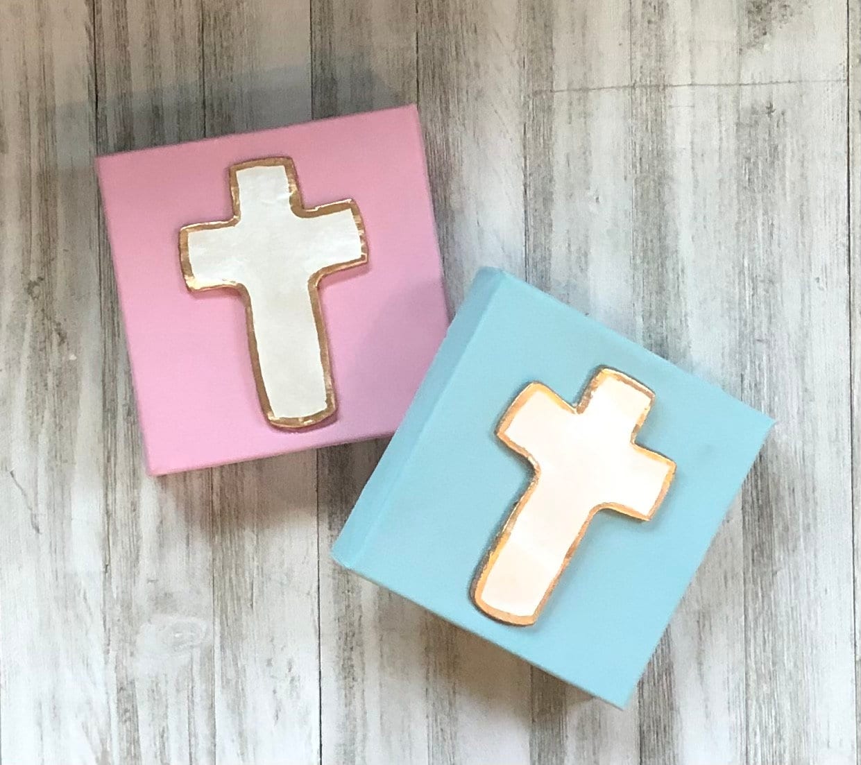 Pearl Cross on Pastel Canvas, Hand Painted Gold Trim Cross Artwork