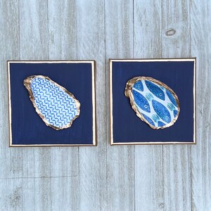 Hand Painted Oyster Shell Canvas 6x6, Navy Blue Coastal Wall Art with Gold Trim, Beach House Nautical Artwork, Coastal Beach Decor image 2