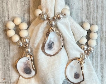Coastal Oyster Shell Napkin Rings: Beaded Beach House Table Decor