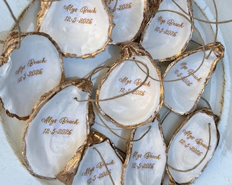 Custom Oyster Shell Ornament with Gold Writing and Trim, Personalized Wedding or Corporate Favor