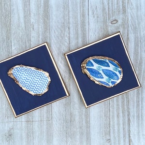 Hand Painted Oyster Shell Canvas 6x6, Navy Blue Coastal Wall Art with Gold Trim, Beach House Nautical Artwork, Coastal Beach Decor image 4