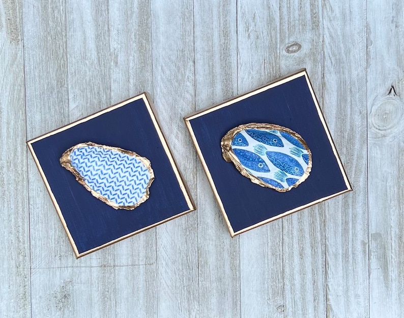 Hand Painted Oyster Shell Canvas 6x6, Navy Blue Coastal Wall Art with Gold Trim, Beach House Nautical Artwork, Coastal Beach Decor image 4