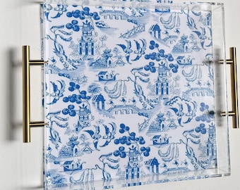Blue & White Chinoiserie Acrylic Serving Tray with Gold Handles, 2x12 Decorative Ottoman Tray, Coffee Table Tray