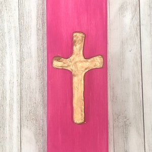 Gold Cross on Pink Canvas, Colorful Canvas with Cross, Cute Hand Painted Cross Wall Art, Pink Baptism Gift, Hot Pink Cross Decor