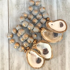 Grey and Gold Oyster Shell Napkin Rings, Coastal Beaded Napkin Ring Set, Handmade Oyster Shell Table Decor, Nautical Napkin Rings