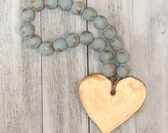 Beaded Garland with Heart, Home Decor Beads with Heart, Blue Bead Garland with Gold Heart