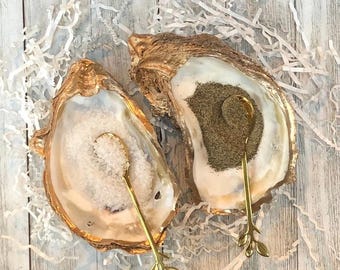 Natural Oyster Shell Salt Pepper Dishes with Gold Trim and Gold Spoons, Handmade Coastal Decor