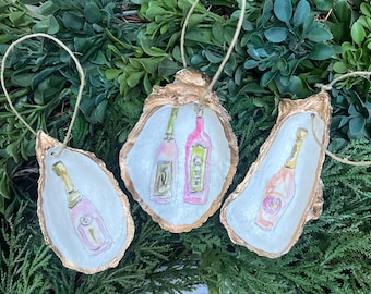 Champagne Bottle Ornament, Pearls and Prosecco Favor, Oyster Shell Ornament with Champagne, Coastal Bridal Favor, Coastal Christmas Gift