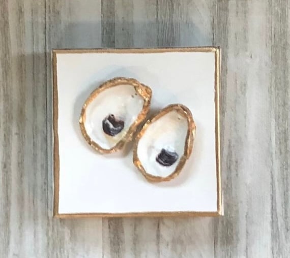 Hand Painted Oyster Shell Canvas Art with Gold Trim, 6x6 Coastal Wall Decor