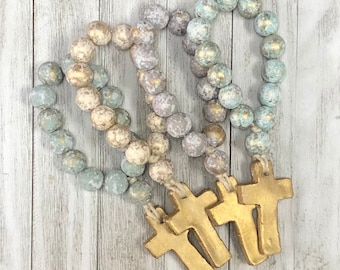 Small Bead Garland with Cross, Blessing Beads with Gold Cross, Mini Prayer Beads, Decorative Beads for the Home