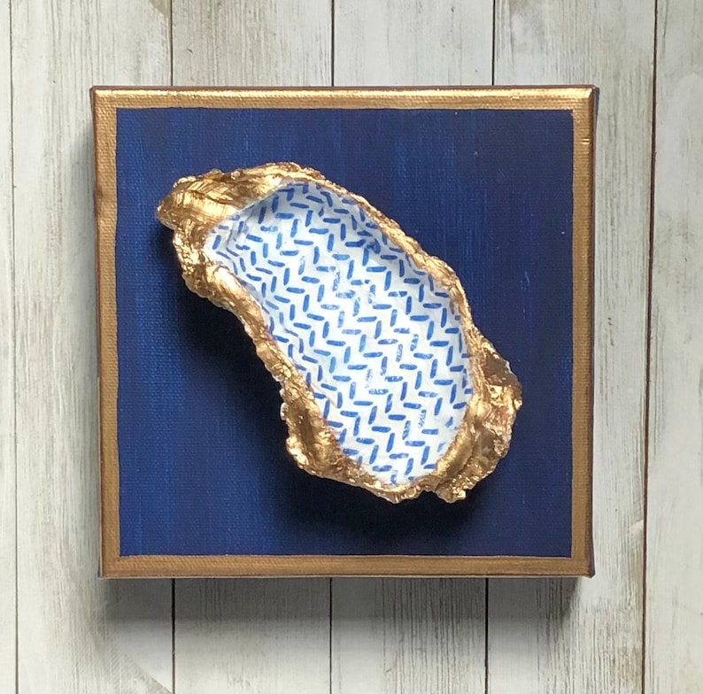 Hand Painted Oyster Shell Canvas 6x6, Navy Blue Coastal Wall Art with Gold Trim, Beach House Nautical Artwork, Coastal Beach Decor image 10