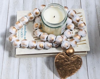 White and Gold Bead Garland with Gold Heart Pendant, Elegant Table or Shelf Decor