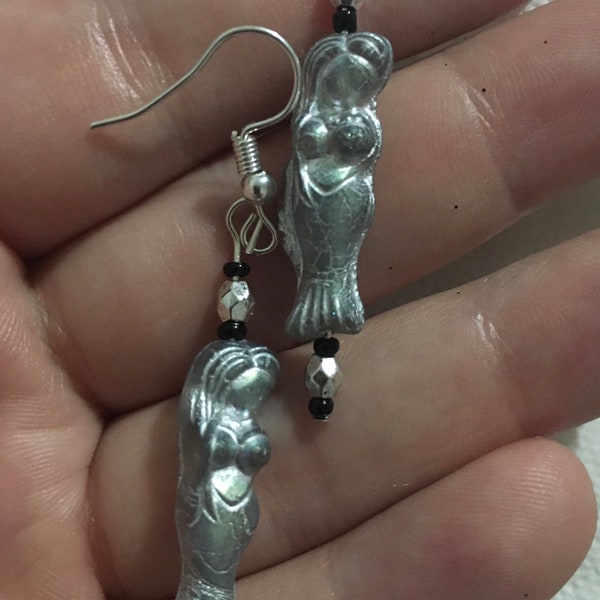 Silver and black Czech glass mermaid dangle earrings, ooak earrings, 1.5in dangle earrings, gifts for her, beach jewelry, artisan jewelry,