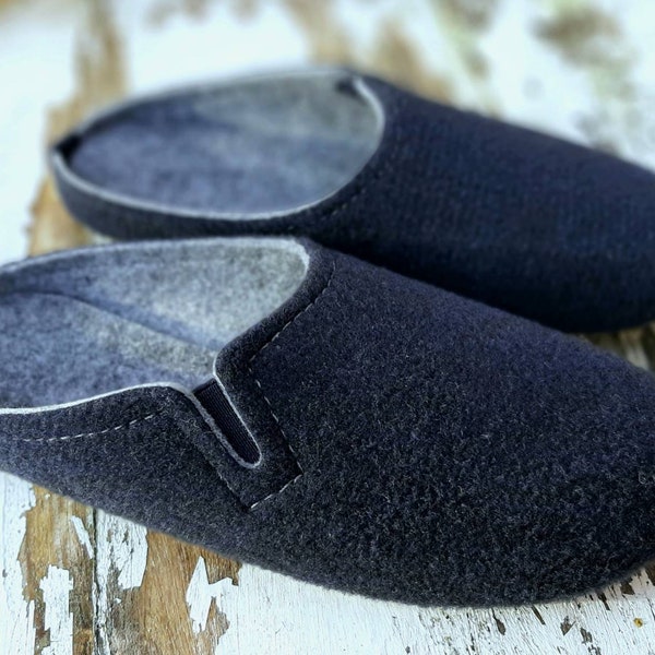 Womens Ladies Slippers Real Felt Felted Wool Slip On Mules Navy Dark Blue  Lightweight Breathable Warm Comfy Men Indoor Christmas Present