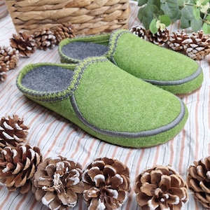 Ladies Women Green Felted Slippers Handmade Real Wool Felt Warm Shoes Mules UK Size Lightweight Hard Sole Mothers Day Gift UK Seller