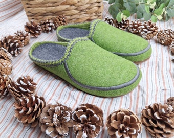 Ladies Women Green Felted Slippers Handmade Real Wool Felt Warm Shoes Mules UK Size Lightweight Hard Sole Mothers Day Gift UK Seller