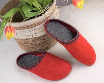 Womens Real Wool Felt Slippers Red Merino Handmade Ladies Slip On Warm Mules Comfy Soft Wide Fit  Woollen Shoes UK Size Christmas  Present