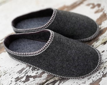 Men's Felted Slippers Handmade Real Wool Lightweight Dark Grey Slip On Black Indoor Mules Shoes Christmas Present UK Size Soft Fashionable