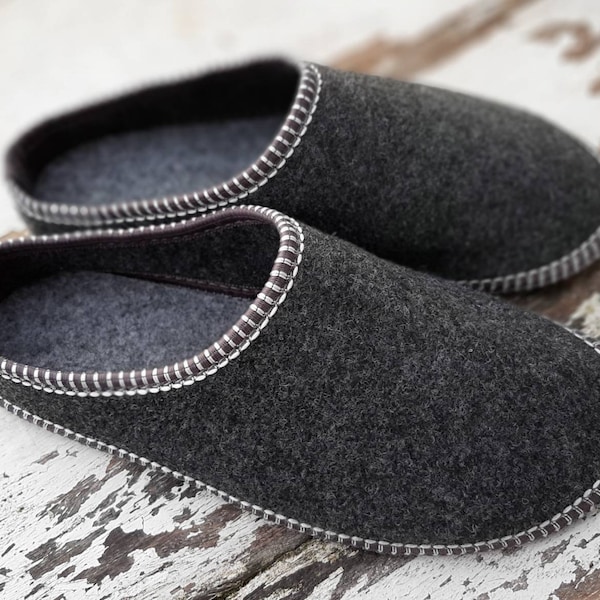 Men's Felted Slippers Handmade Real Wool Lightweight Dark Grey Slip On Black Indoor Mules Shoes Christmas Present UK Size Soft Fashionable