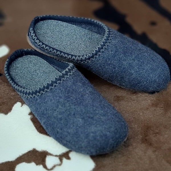 Ladies Women Felted Slippers Merino Wool Felt Handmade Slip On Warm Mules Navy Dark Blue Wide Christmas Gift Breathable