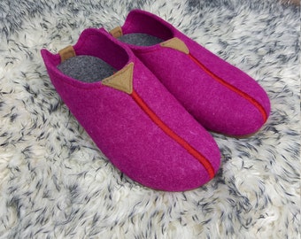 Ladies Pink Slippers Real Felt Merino Wool Warm Eco Handmade Gift Womens Slip On Soft Felted Mules Mothers Day Gify Rubber Sole Lightweight