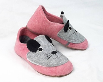 Kids Slippers Girls Pink Real Felt Cute Cat Merino Wool Warm Animal Children Shoes Felted Handmade Slip On Fun Soft Light Mules UK Size Gift